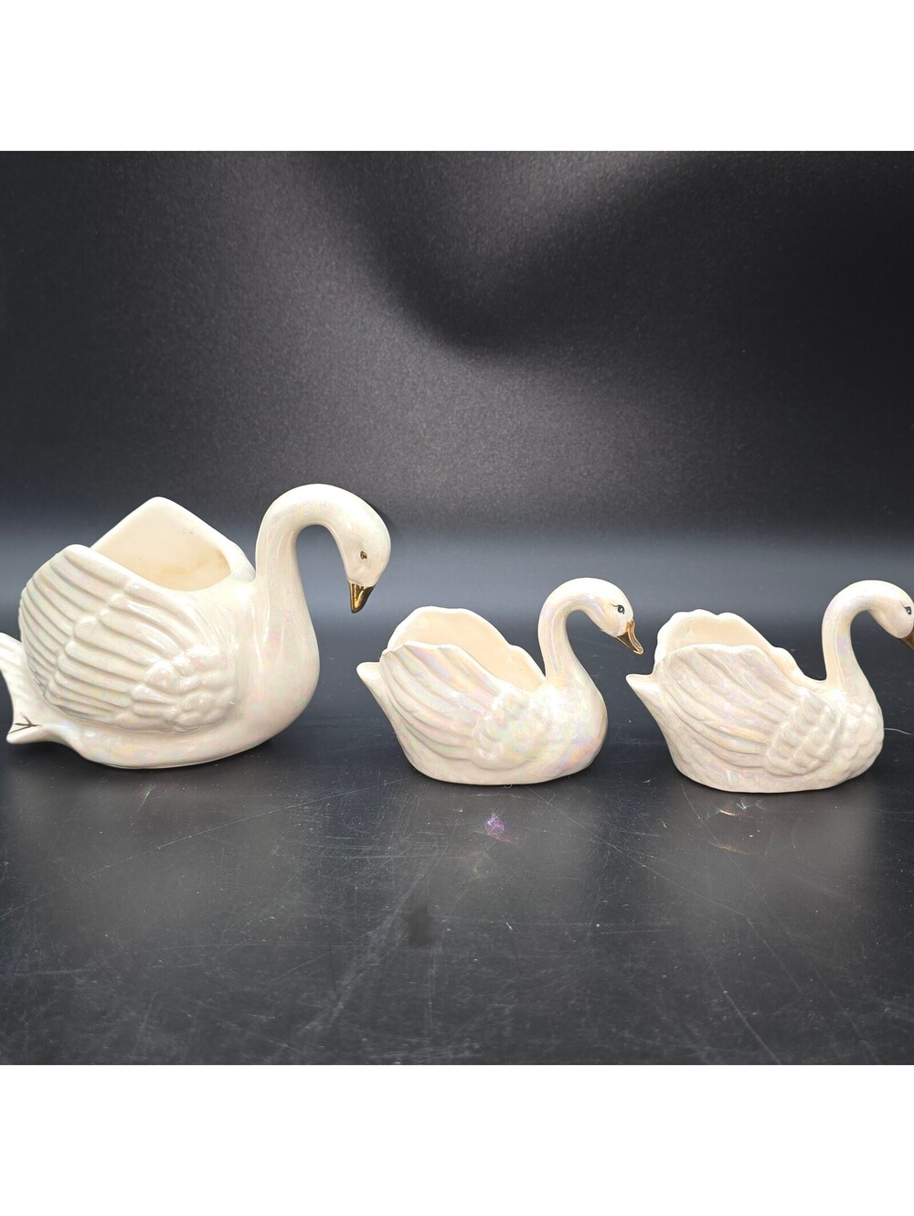 Set of 3 Vintage Ceramic Swan Planters with Iridescent Finish and Gold-Tipped Be